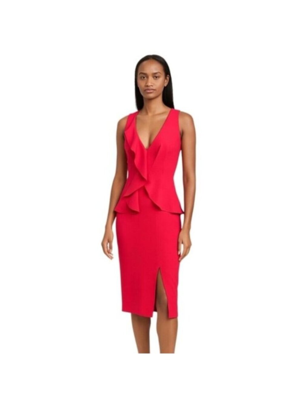 NWT Black Halo Pink Plunged Ruffle Neckline Sheath Dress